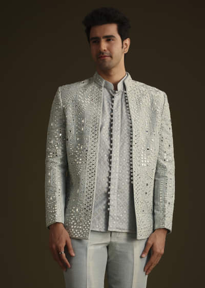 Powder Blue Silk Mirror Work Indo Jacket Set