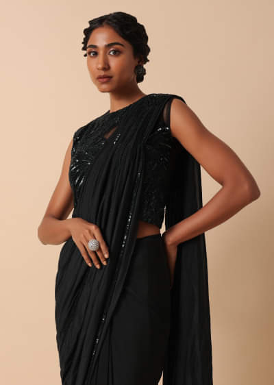 Pre Stitched Black Saree With Cut Dana Embellishments