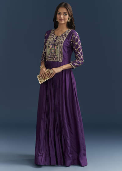 Purple Dola Silk Anarkali Suit With Gotta And Beaded Embroidery