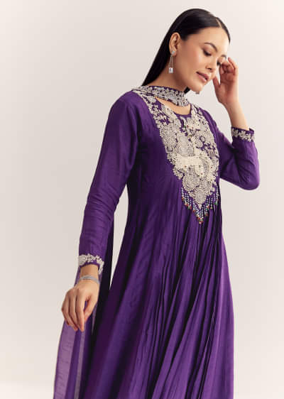 Purple Dola Silk Anarkali With Silver Zardosi And Choker Dupatta