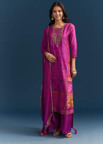Purple Dola Silk Kurta Set With Floral Print And Embroidered Accents