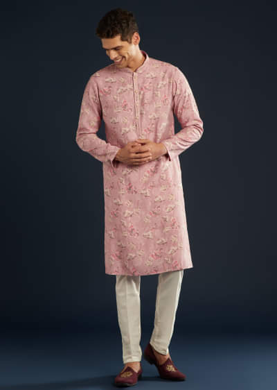 Purple Silk  Mens Kurta Set with Floral Motifs