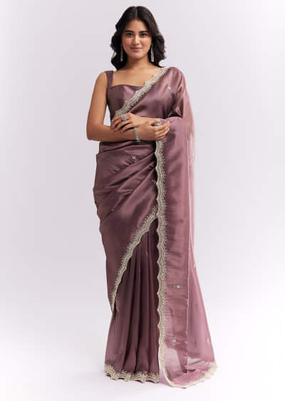 Purple Silk Organza Saree With Heavy Hand Embroidery