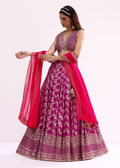 Buy Purple Layered Ruffle Lehenga Set With Sequin Work