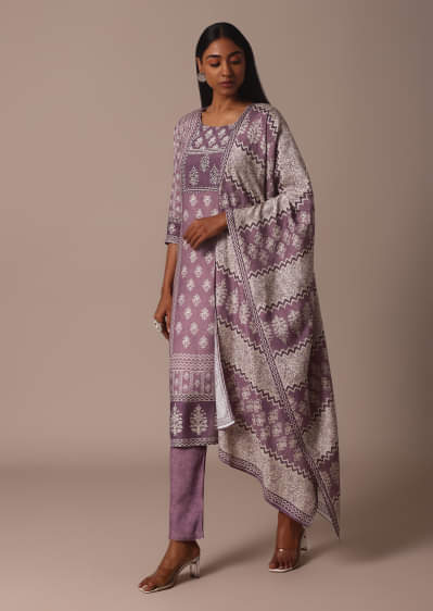 Purple Crepe Printed Kurti Pant Set With Cutdana Detail