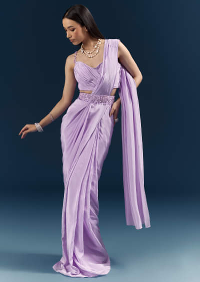 Purple Crepe Ready Pleated Saree With Heavy Embroidery
