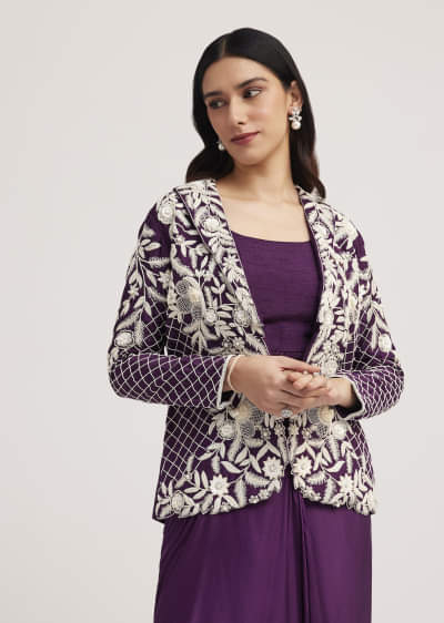 Purple Crop Top Skirt And Embroidered Jacket Set