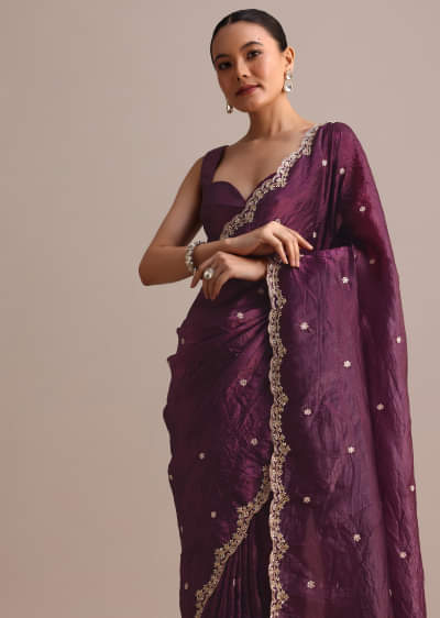 Purple Crushed Tissue Saree With Sequin And Cutdana Embroidered Border