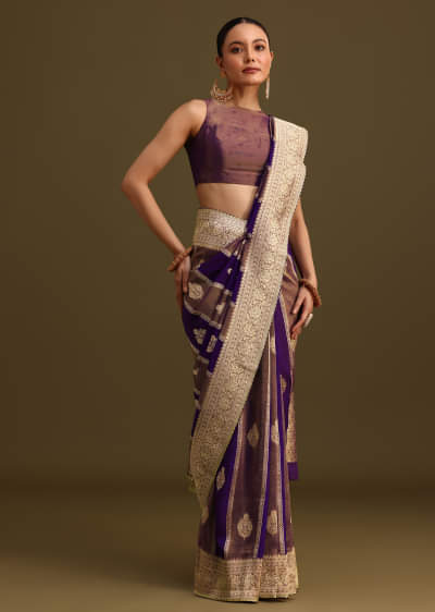 Buy Purple Georgette Saree With Heavy Stone Work And