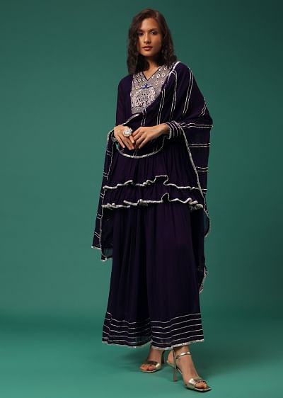 Buy Blue Embroidered Palazzo Suit Set In Georgette With Double Peplum Top