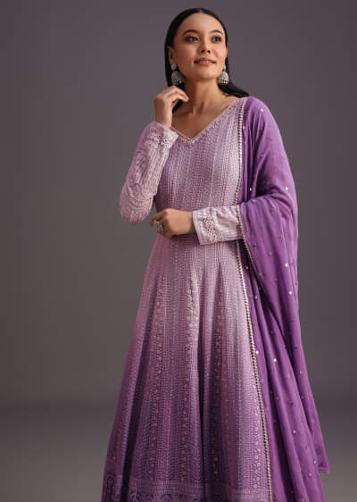 Buy Lavender Purple Anarkali Suit With Chikankari Work And