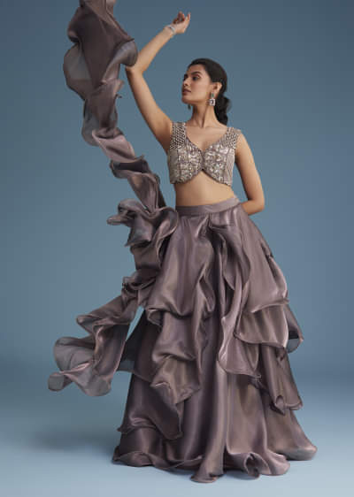 Buy Purple Layered Ruffle Lehenga Set With Sequin Work