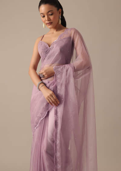 Purple Organza Saree with Embellished Border and Unstitched Blouse Piece