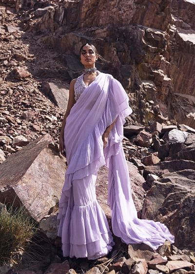 Buy Peach Pink Pre-stitched Saree And Blouse With Pearl