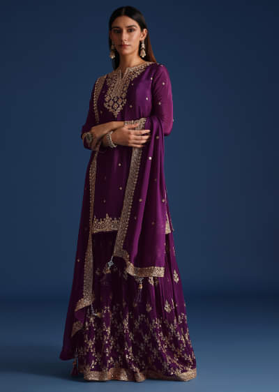 Purple Sequin Embellished Kurta And Palazzo Set