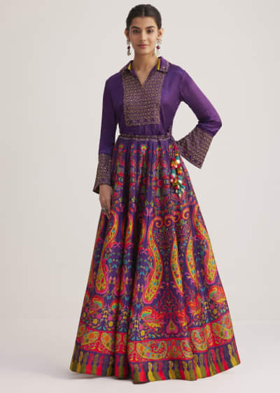 Purple Silk Shirt And Skirt Set With Zari Embroidery 