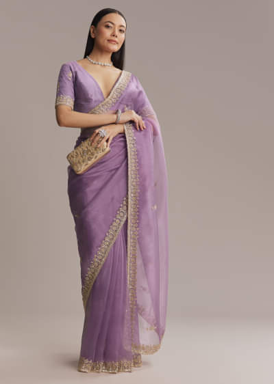 Purple Tissue Saree With Zardosi And Bead Embroidery
