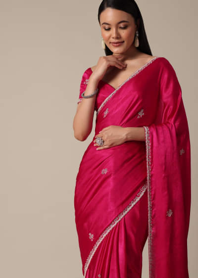 Buy Pink Satin Chinon Saree With Floral Motif Scallop Border
