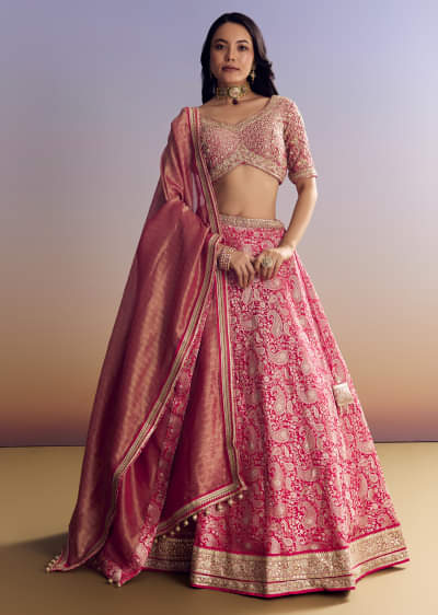 Rani Pink Banarasi Lehenga Set With Embroidered Choli