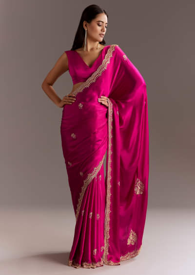Rani Pink Chinon Saree With Cutdana Butta And Scallop Border