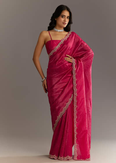 Rani Pink Crushed Tissue Saree With Stone Embellishments And Scallop Border