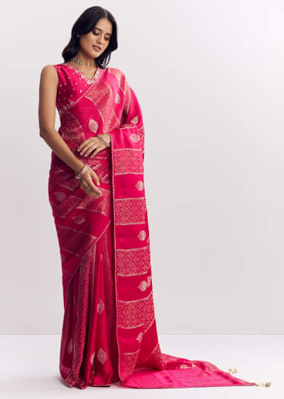 Rani Pink Dola Silk Saree With Gota Patti Woven Motif