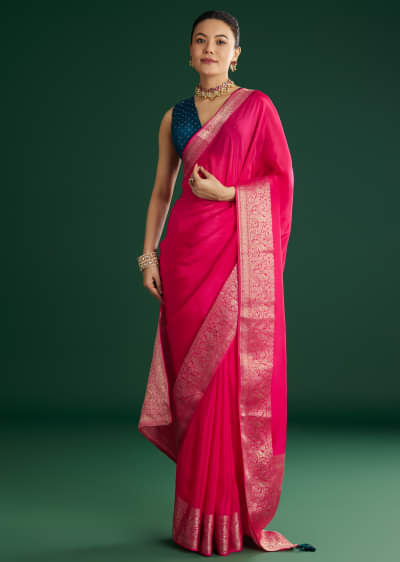 Rani Pink Dola Silk Saree With Woven Border And Pallu