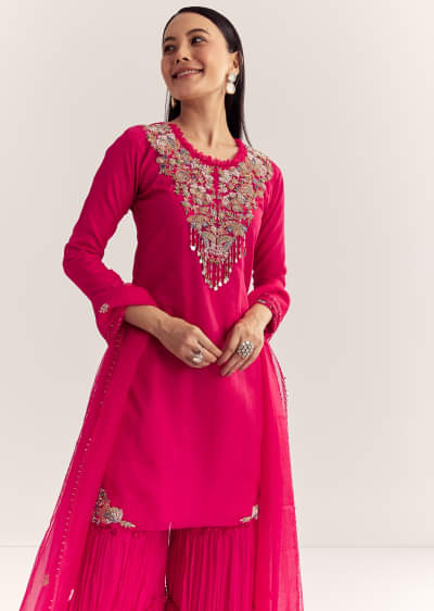 Rani Pink Organza Embroidered Kurta Set With Dupatta