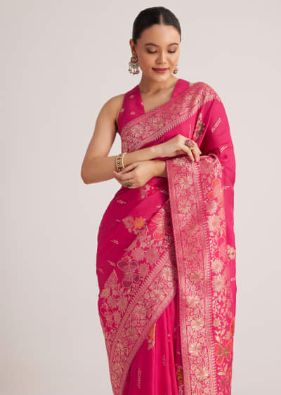 Rani Pink Dola Silk Saree With Zari Woven Detailing