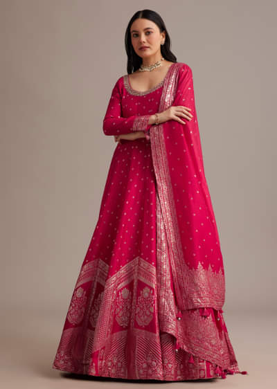 Rani Pink Gold Weave Anarkali Set With Banarasi Dupatta