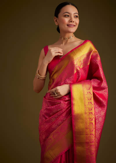 Rani Pink Kanjivaram Silk Saree With Golden Zari Border