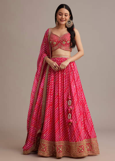 Rani Pink Leheriya Lehenga Set With Zardosi And Sequins Work