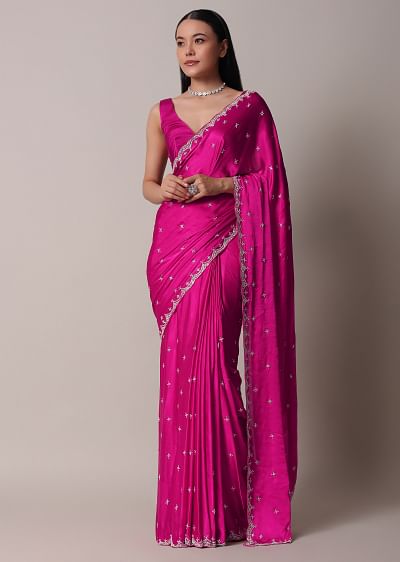 KQHK4006 Coral Pink Lehariya Dupion Saree With Gota Patti