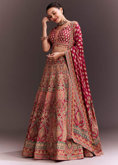 Rani Pink Zari Work Lehenga Set