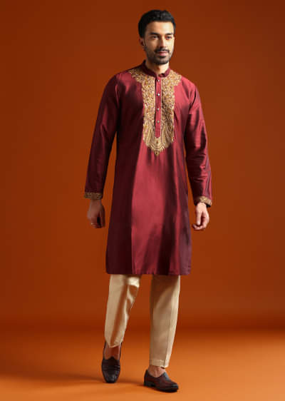 Red Banarasi Silk Kurta Set For Men With Heavy Hand Embroidery