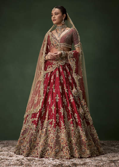 Red Bridal Sequin Silk Lehenga Set with  Two Dupattas