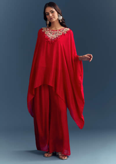 Red Chinon Cape Top And Palazzo Set With Zardosi Work