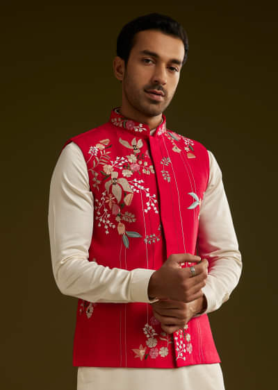 Red Cotton Silk Kurta Set With Nature Motif Jacket