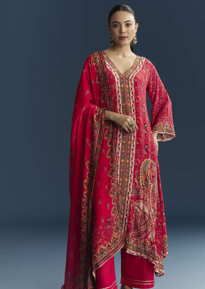 Red Crepe Printed Kurta Set