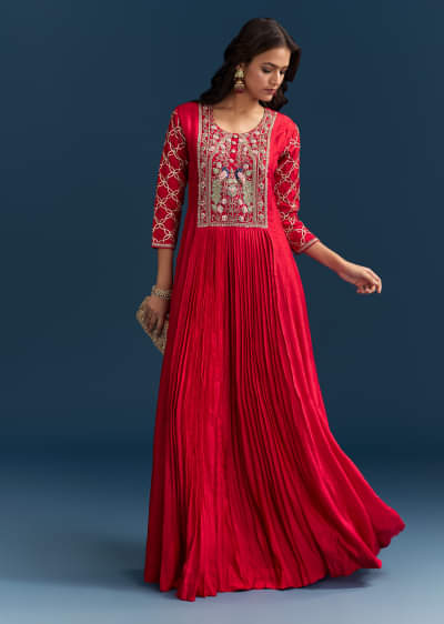 Red Dola Silk Anarkali Suit With Beads Gotta And Cut Dana Work
