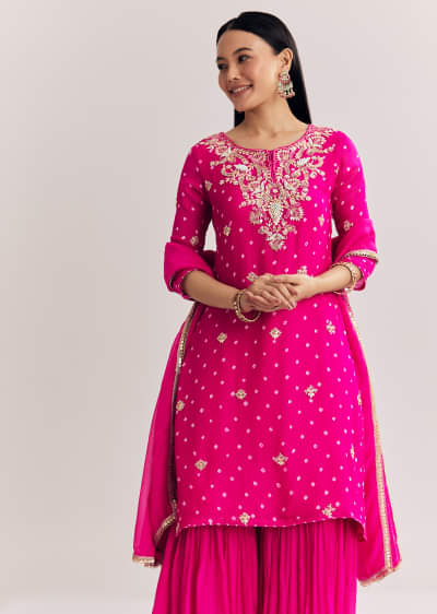 Red Dola Silk Sharara Suit With Embroidered Print
