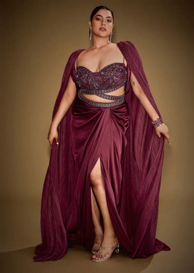 Red Hand Embroidered Blouse With Drape Skirt And Crushed Cape