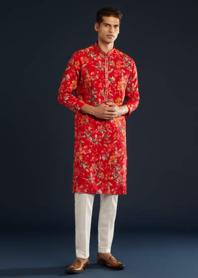 Red  Mens Silk Kurta Set with Floral Prints