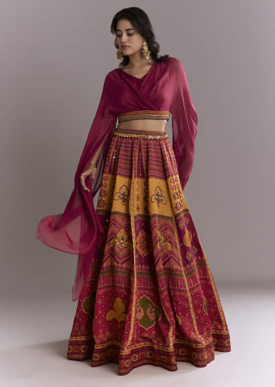 Red Organza Crop Top And Printed Skirt Set With Mirror Work