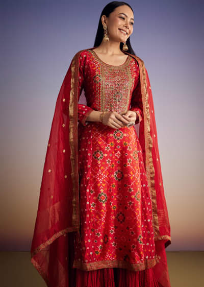 Red Patola And Bandhani Print Kurta Set With Banarasi Dupatta