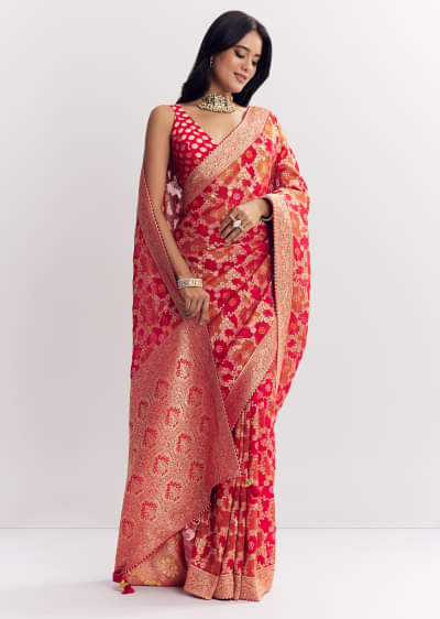 Red Shaded Dola Silk Saree With Zari Jaal Work