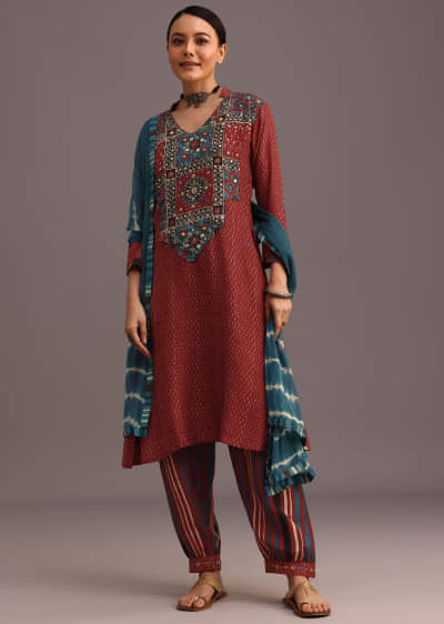 Red Ajrakh Printed Kurta Set With Leheriya Dupatta 