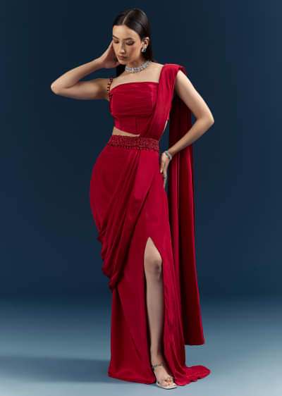 Red Crepe Ready Pleated Saree With Heavy Embroidery