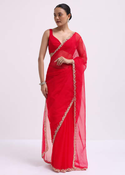 Red Cut Work Organza Saree With Unstitched Blouse
