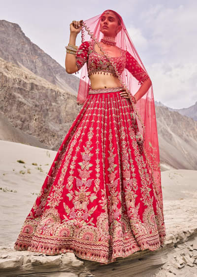 Buy Red Zardosi Embroidered Lehenga Set With Two Dupattas